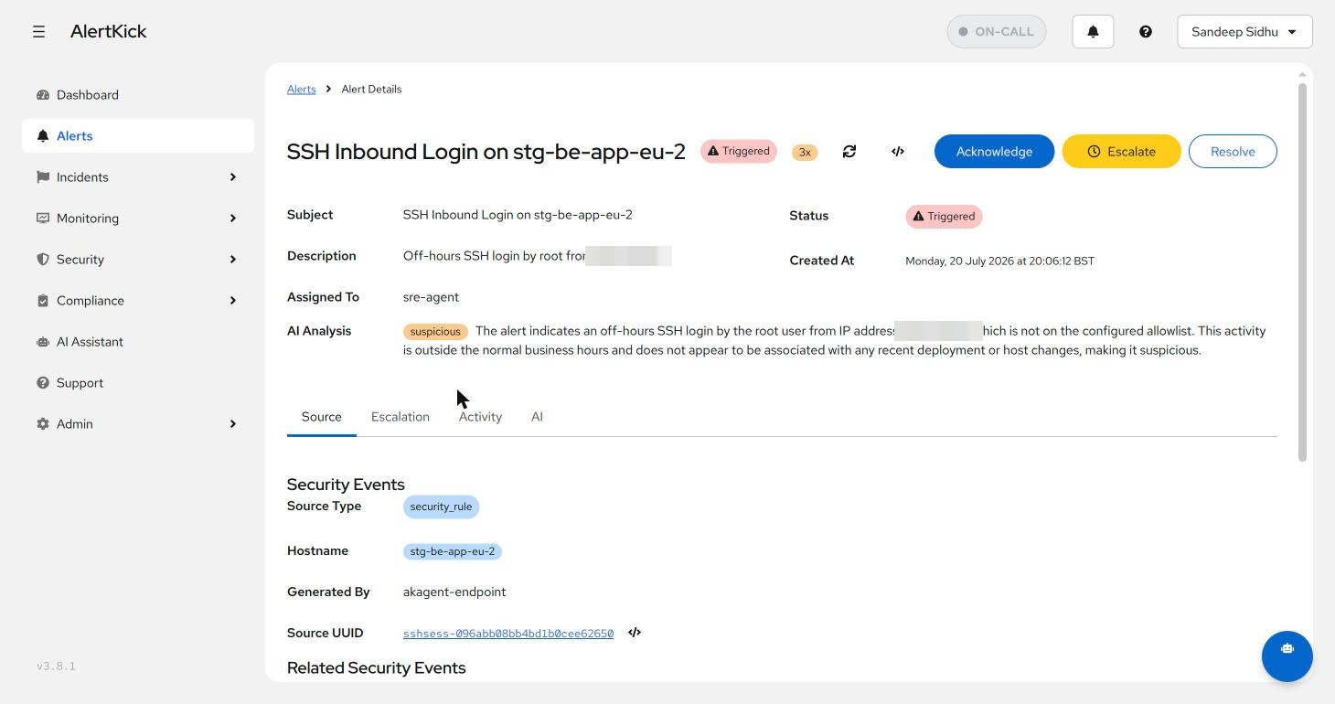 Alert detail: SSH inbound login, triggered 3x, with Acknowledge, Escalate, and Resolve actions and an AI analysis verdict