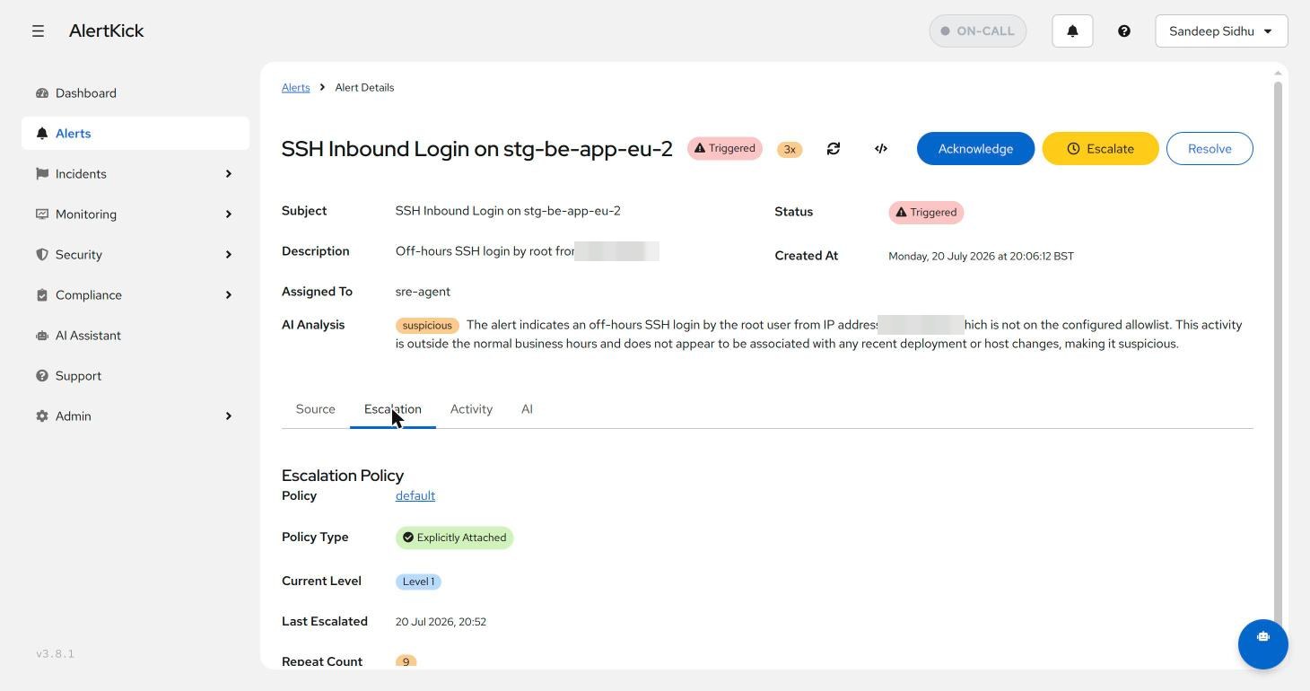 Escalation tab showing the attached policy, current level, last escalation time, and repeat count