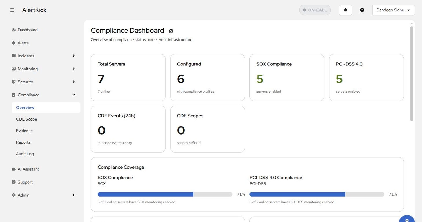 Compliance dashboard showing server coverage tiles and per-framework coverage bars