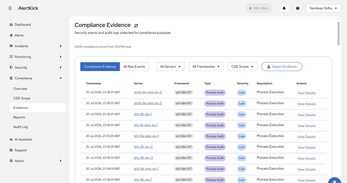 Compliance Evidence page listing tagged events with server, framework, type, and severity columns