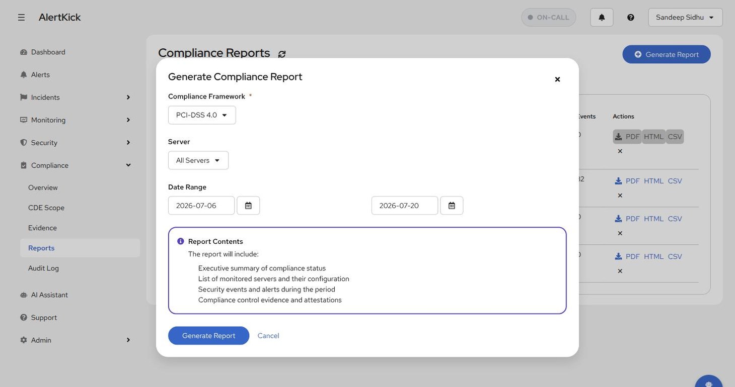 Generate Compliance Report modal with framework, server, and date range fields and the report contents summary