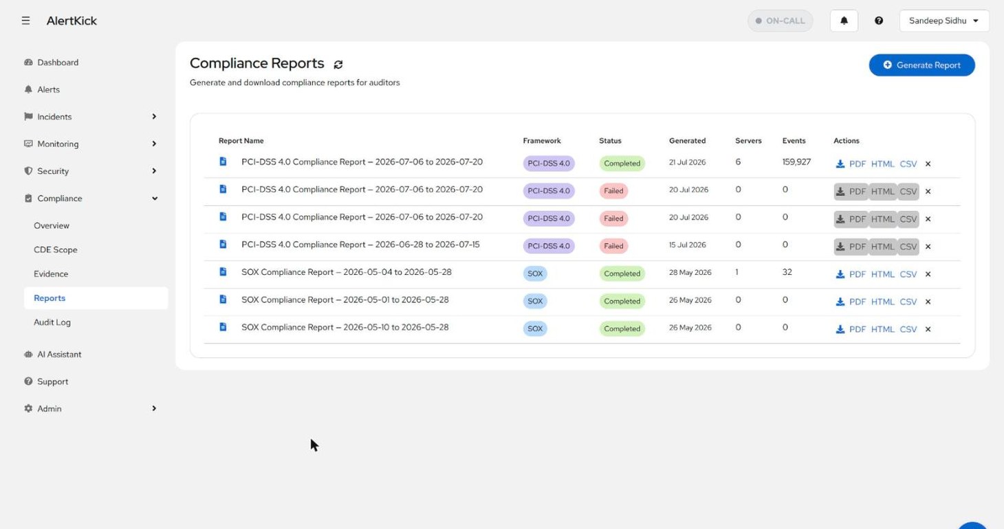 Reports list with completed SOX and PCI-DSS reports and their PDF, HTML, and CSV download links