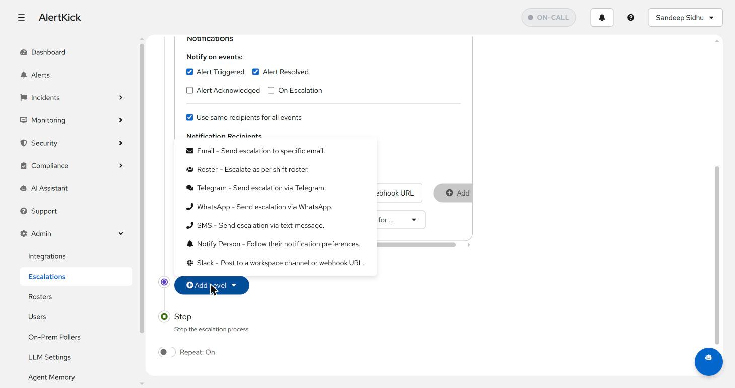 Add Level dropdown listing Email, Roster, Telegram, WhatsApp, SMS, Notify Person, and Slack level types