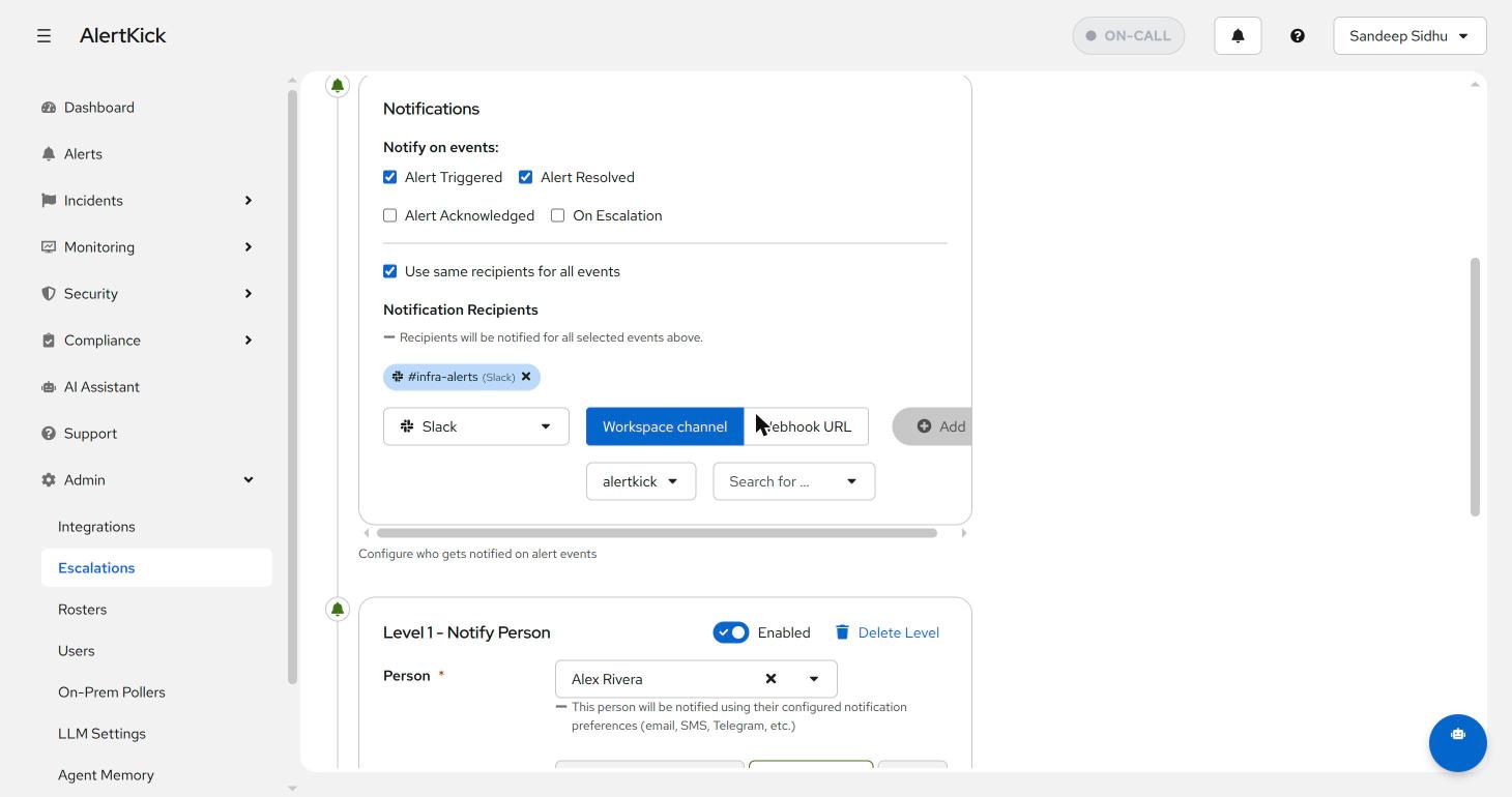 Notification recipients on a new escalation policy, with a Slack channel already added
