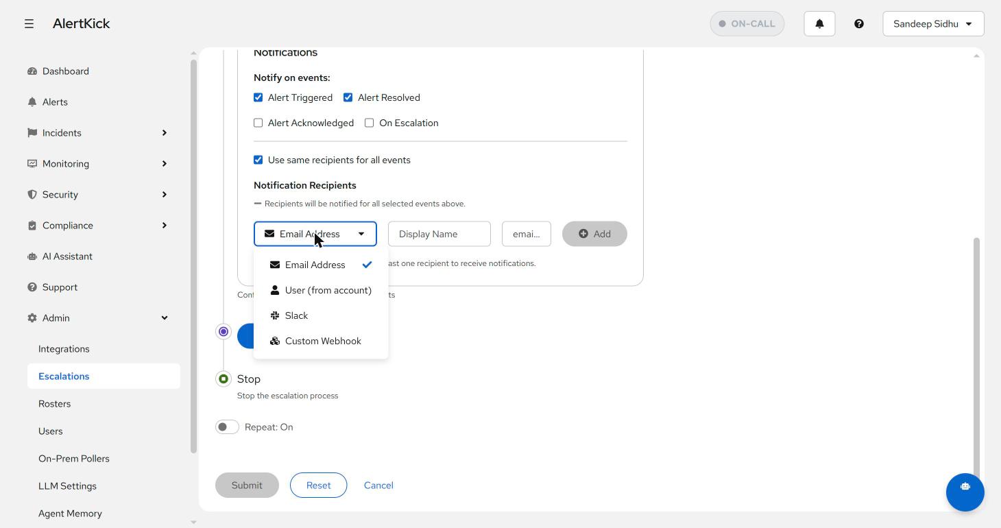 Recipient type dropdown on a policy: Email Address, User (from account), Slack, Custom Webhook