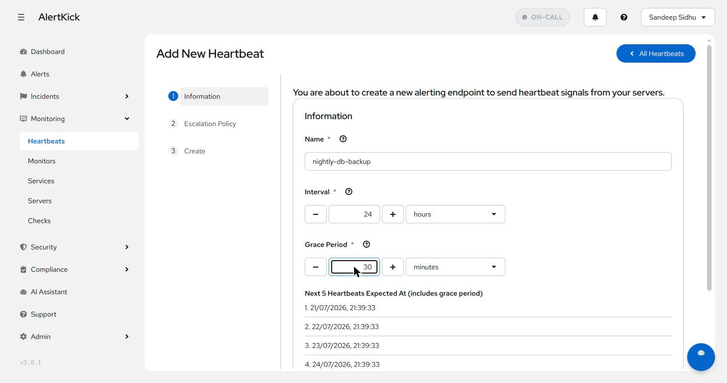 Add New Heartbeat wizard: name, 24 hour interval, 30 minute grace period, with the next five expected times previewed