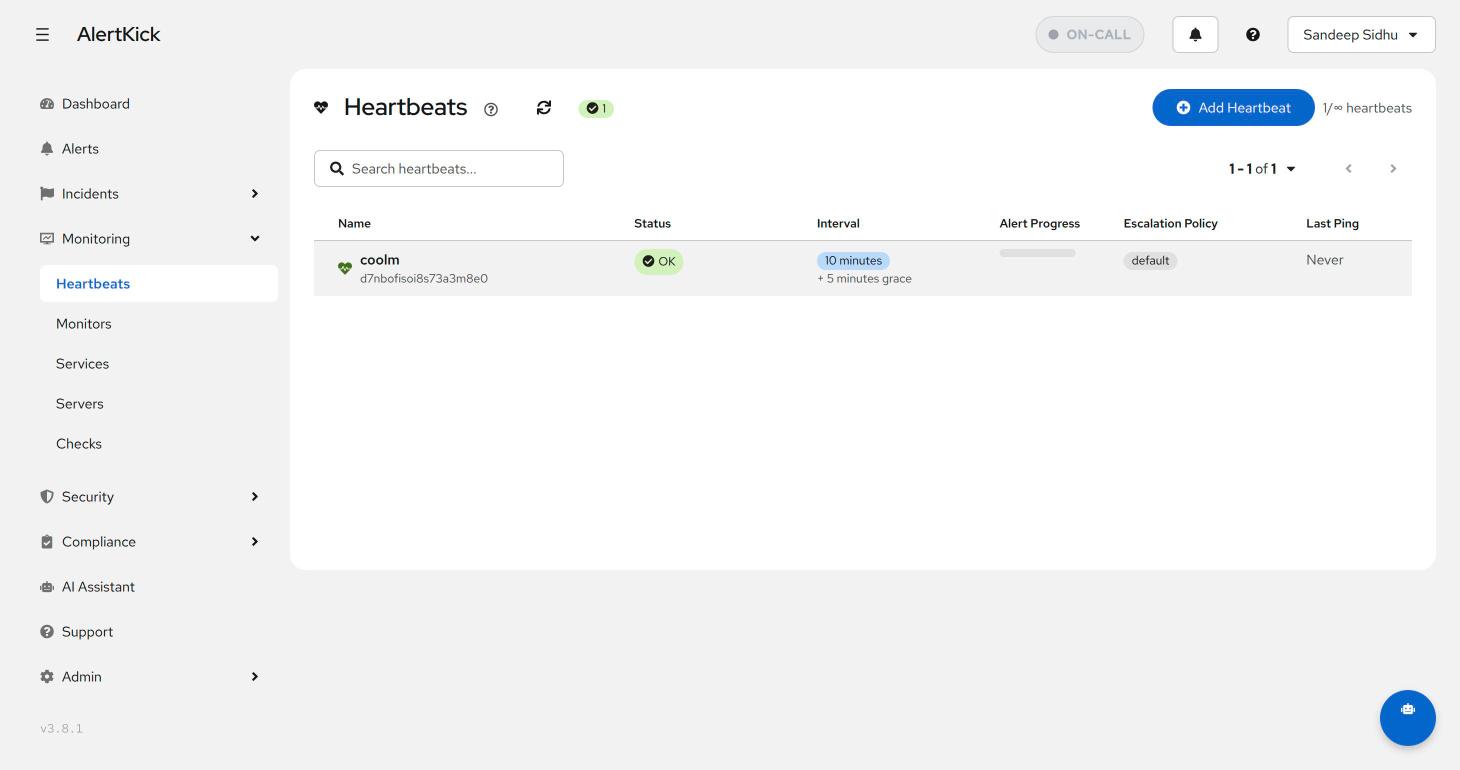 Heartbeats list showing a healthy heartbeat with a 10 minute interval, 5 minute grace, and its escalation policy