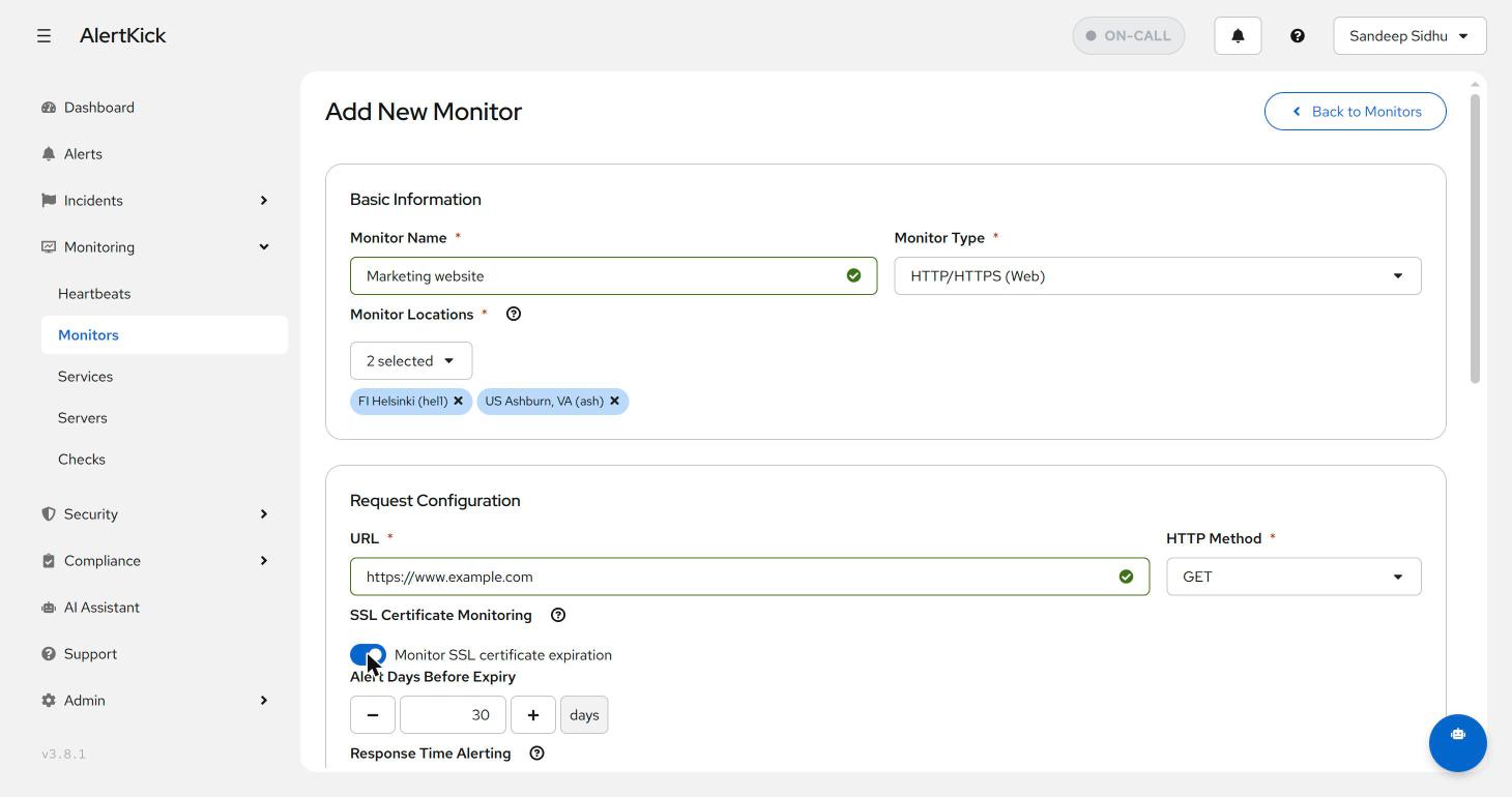 Add New Monitor form with a name, HTTP type, two check locations, an HTTPS URL, and SSL certificate monitoring enabled