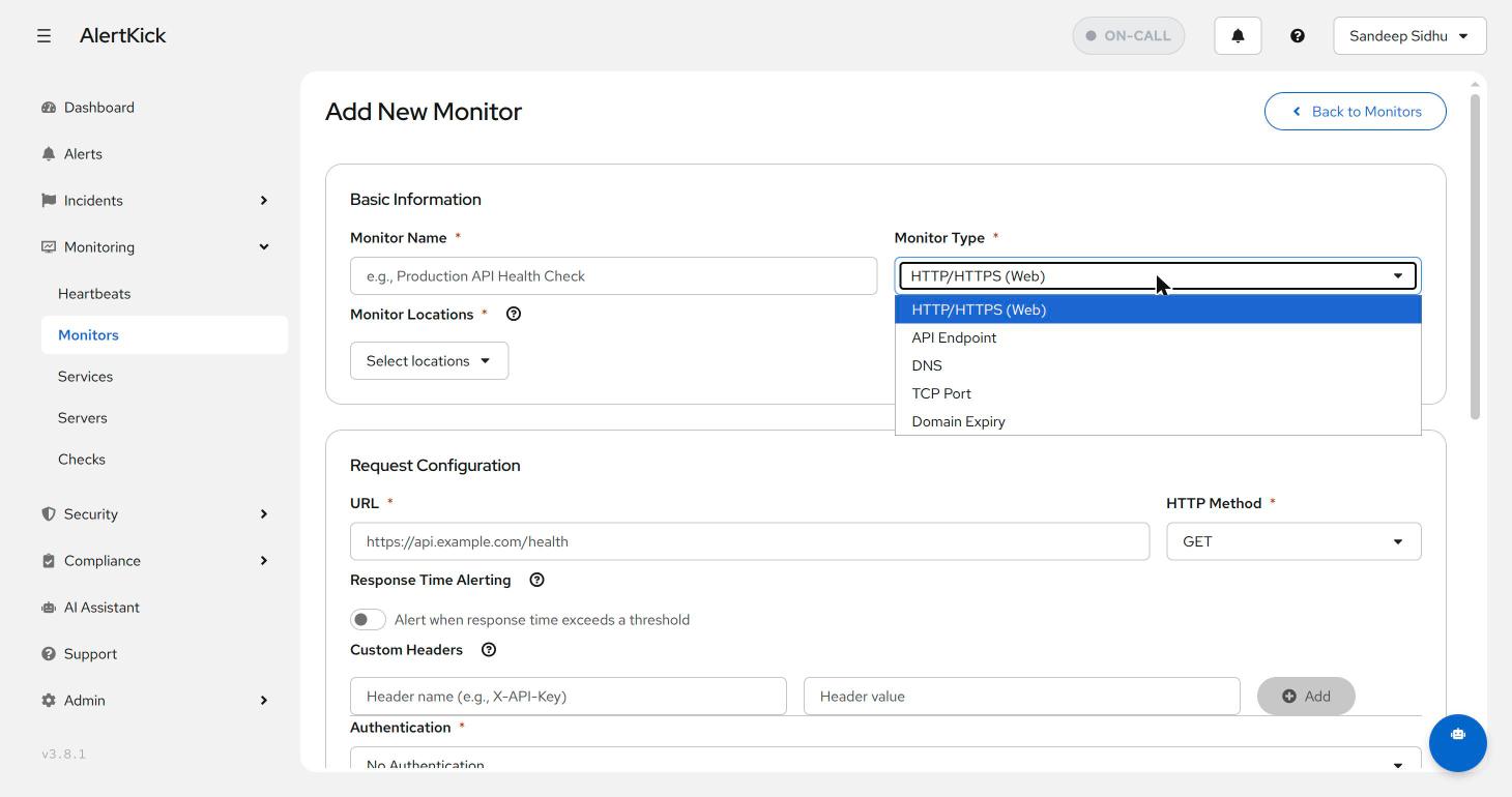 Monitor type dropdown: HTTP/HTTPS, API Endpoint, DNS, TCP Port, Domain Expiry