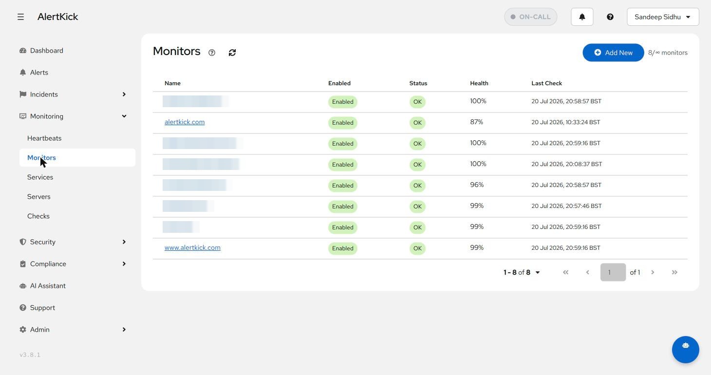 Monitors list showing eight monitors with status, health percentage, and last check columns