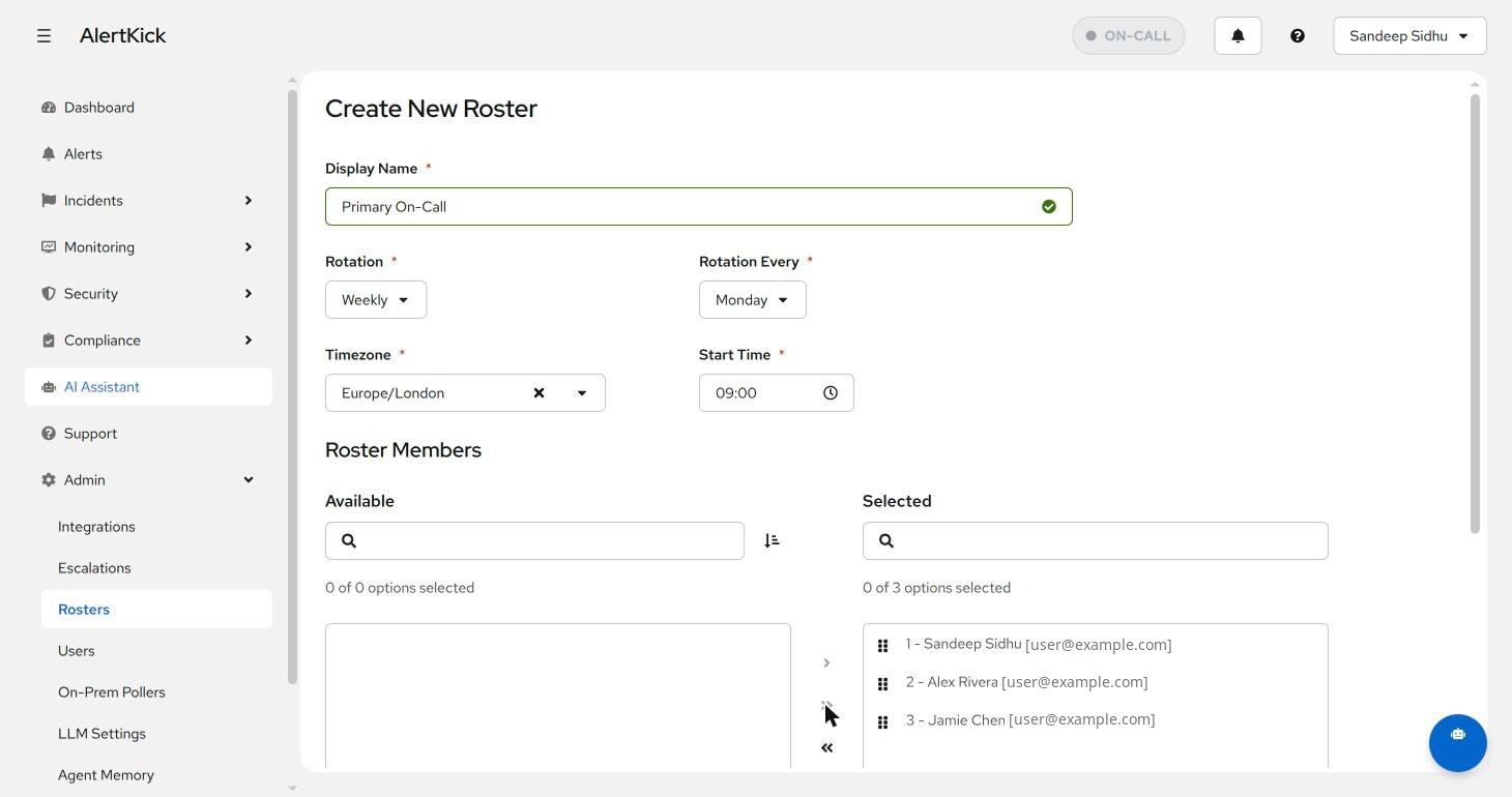 Create New Roster form: weekly rotation on Monday at 09:00 Europe/London with three ordered members