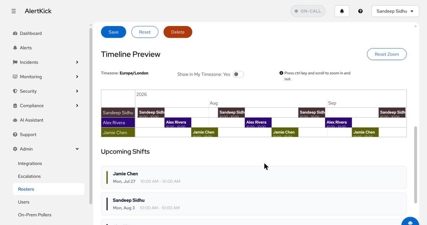 Roster timeline showing alternating weekly shifts for three members across four months, with the upcoming shifts list underneath