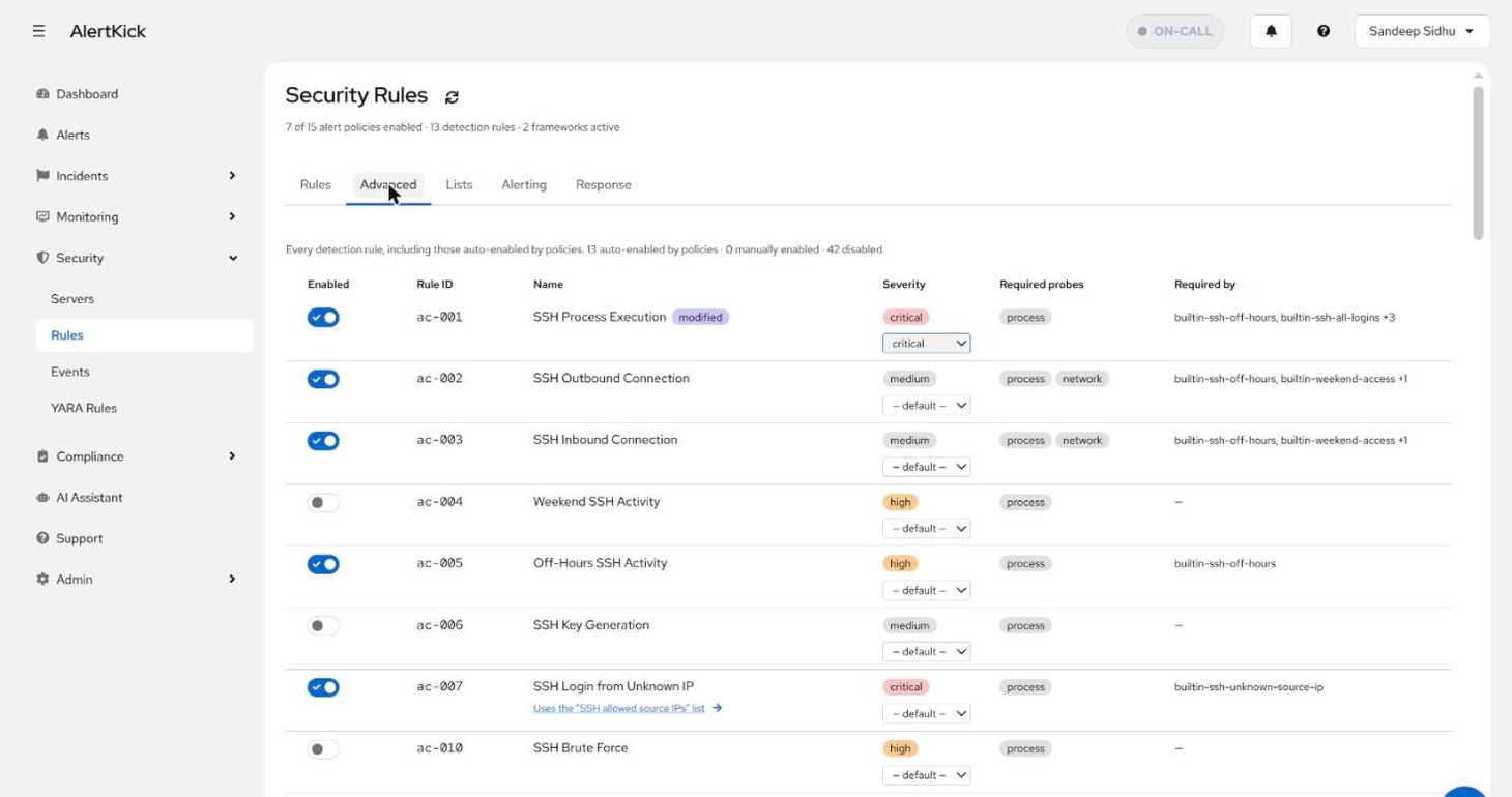 Advanced tab listing every detection rule with enable toggles, severity overrides, required probes, and the policies that require each rule
