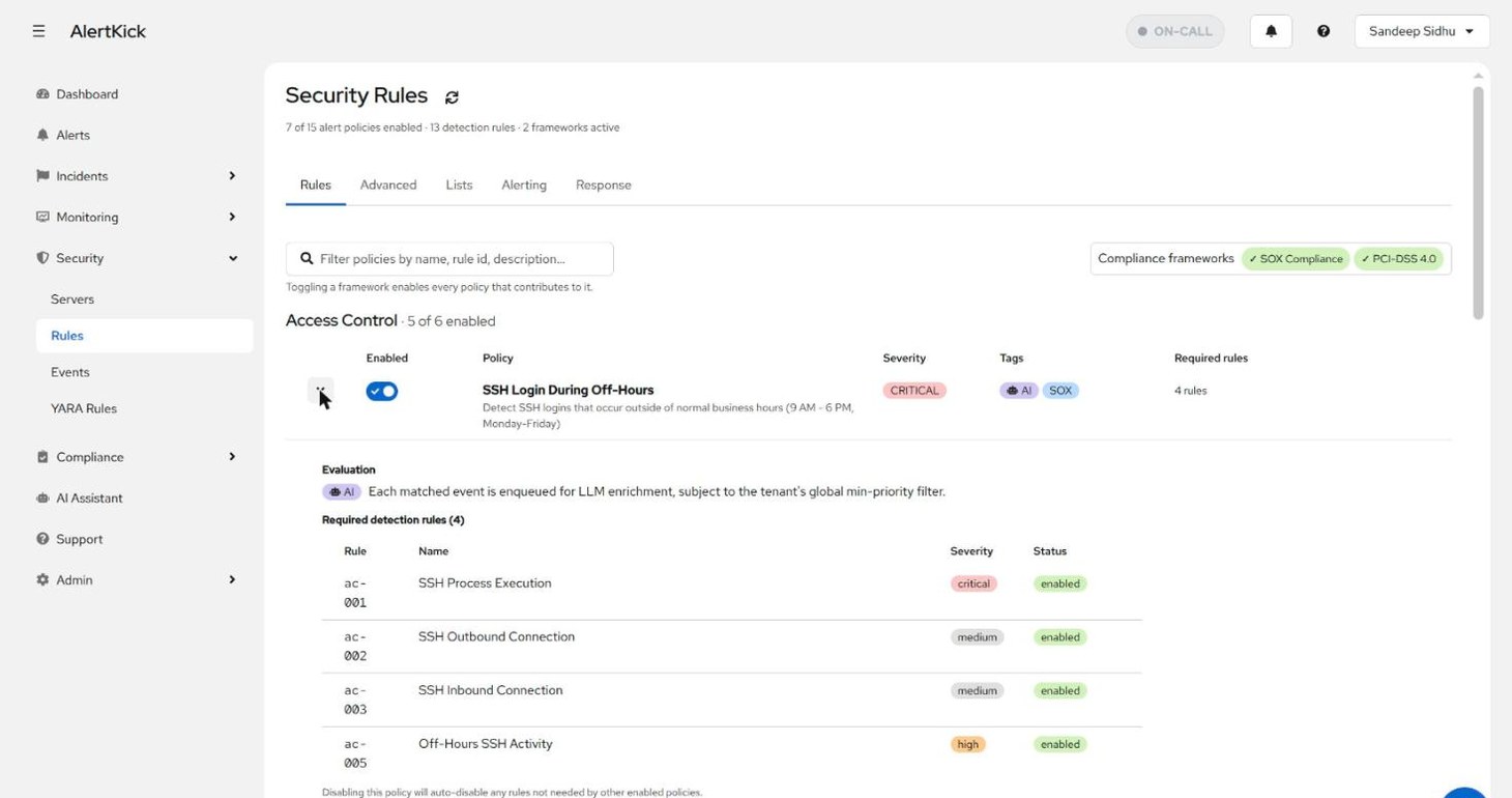 An expanded policy showing its evaluation mode and the required detection rules with their severities and status