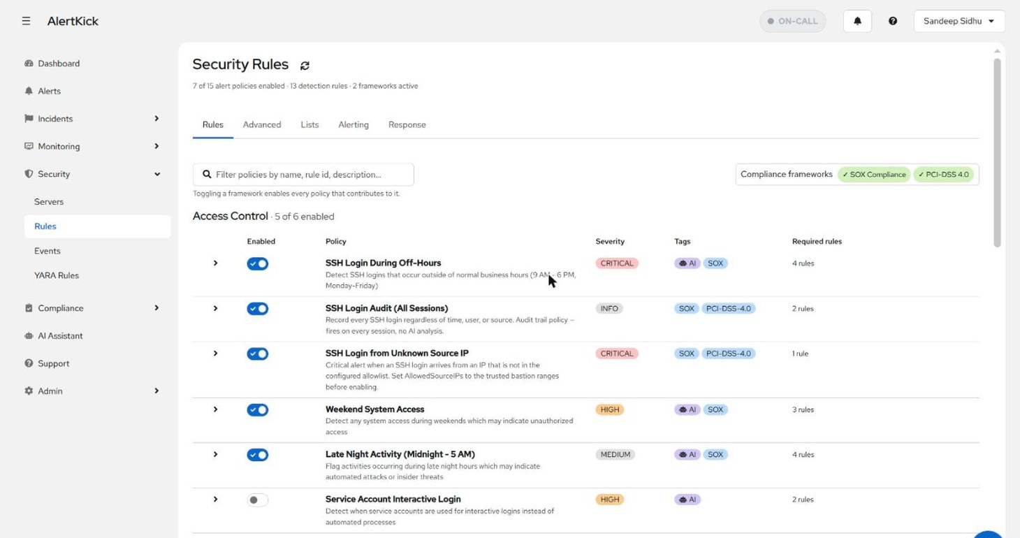 Security Rules page with the SOX Compliance and PCI-DSS 4.0 framework chips enabled and framework tags visible on individual policies