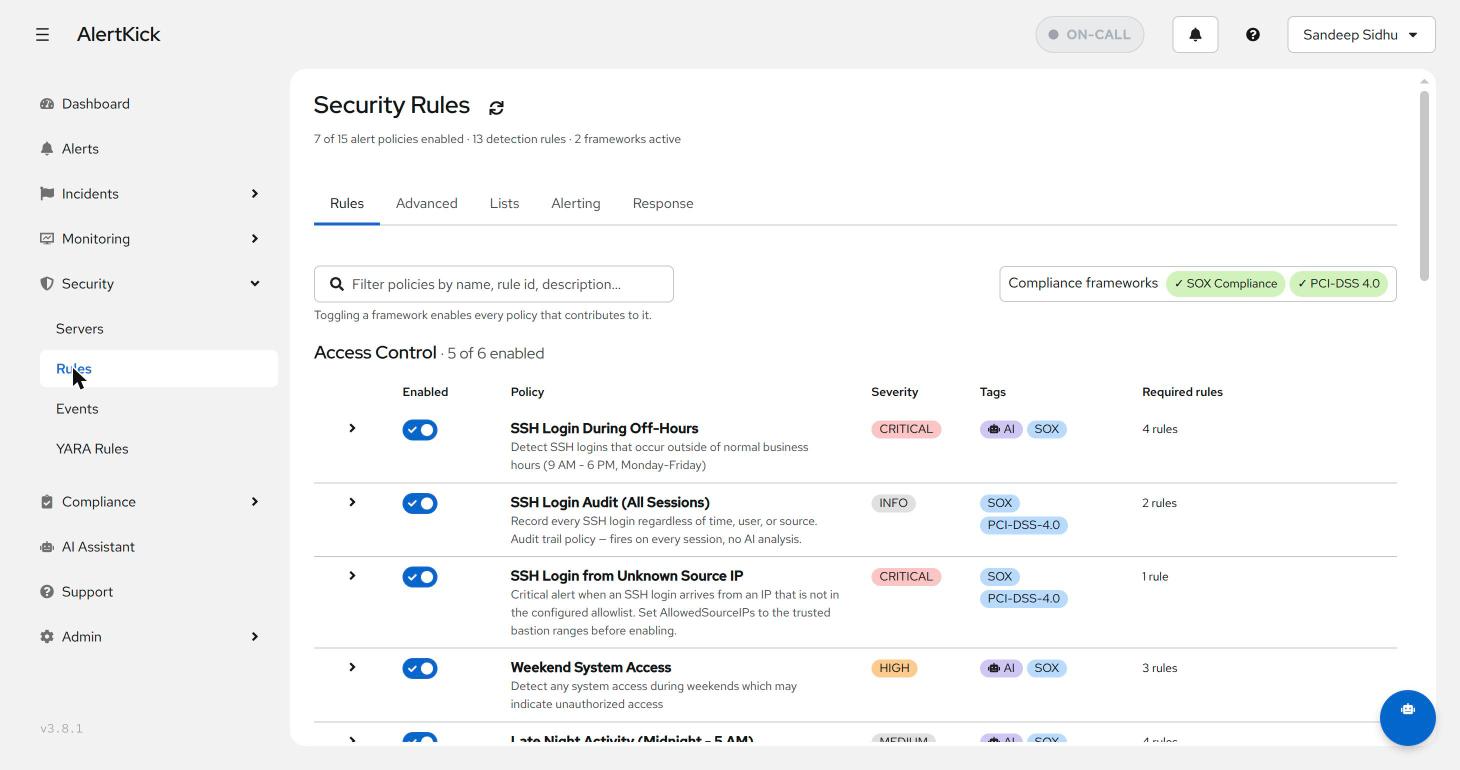 Security Rules page showing access-control policies with severity, AI and compliance tags, and framework toggles