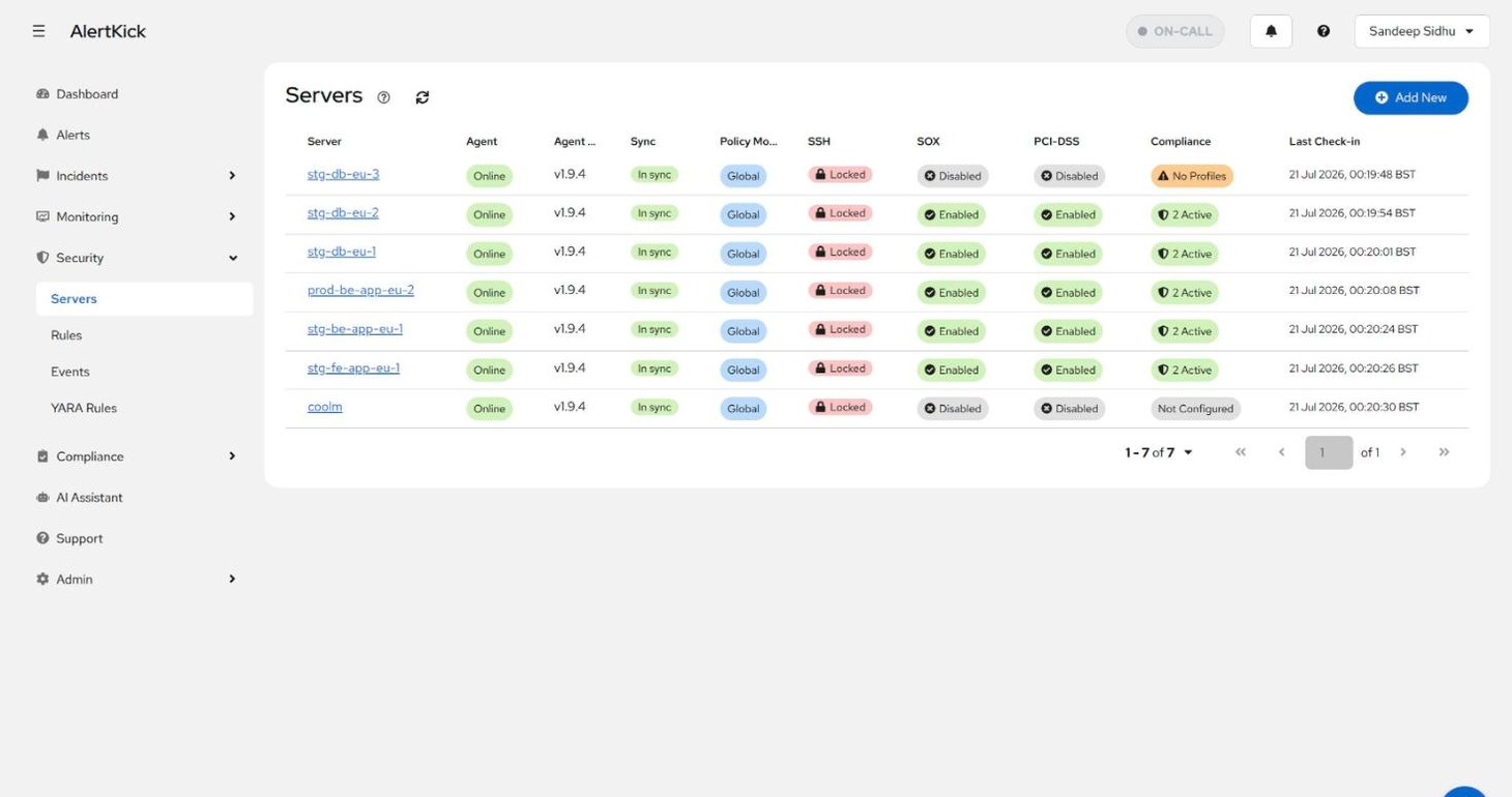 Servers list with per-host SOX, PCI-DSS, and Compliance profile columns
