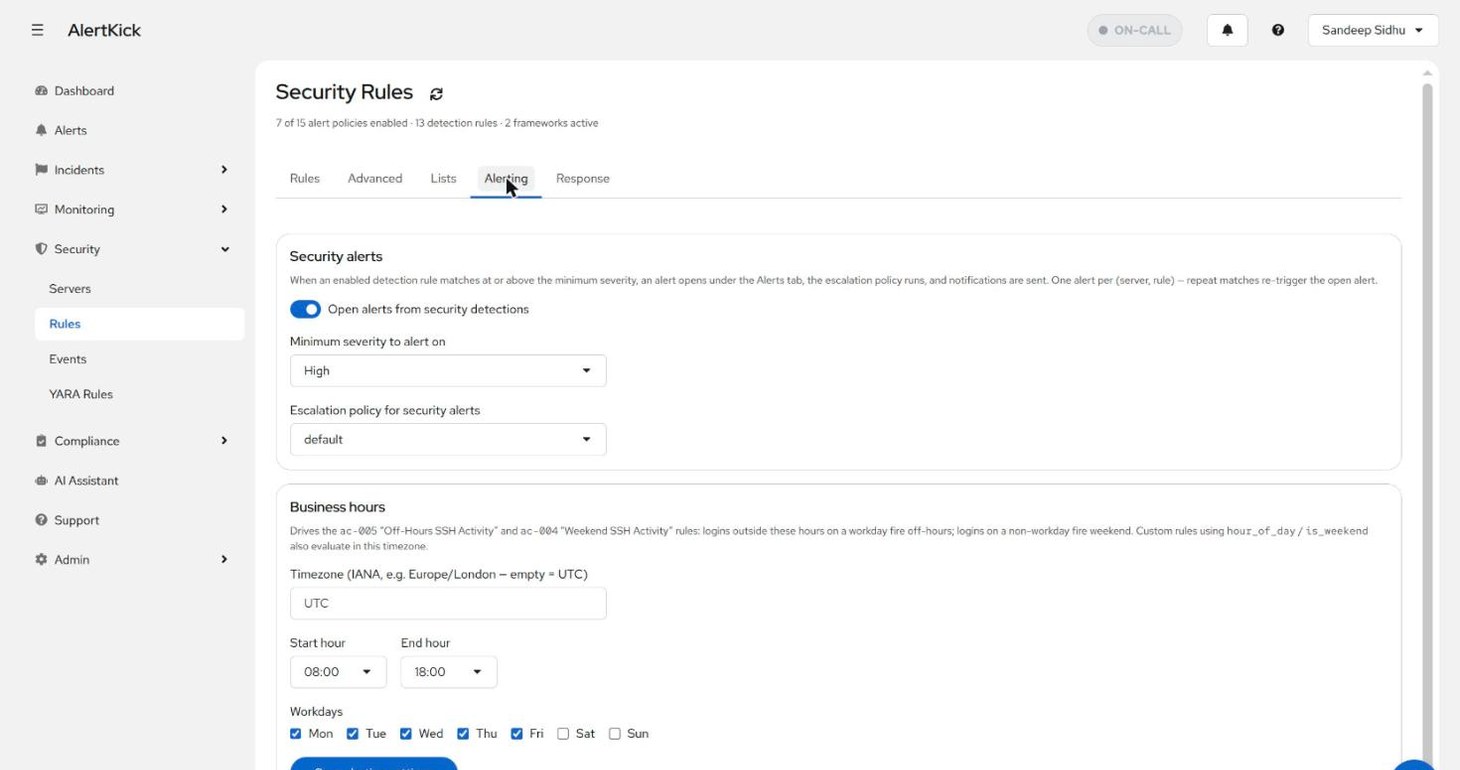 Alerting tab with minimum severity, escalation policy, and the business hours timezone, hours, and workdays