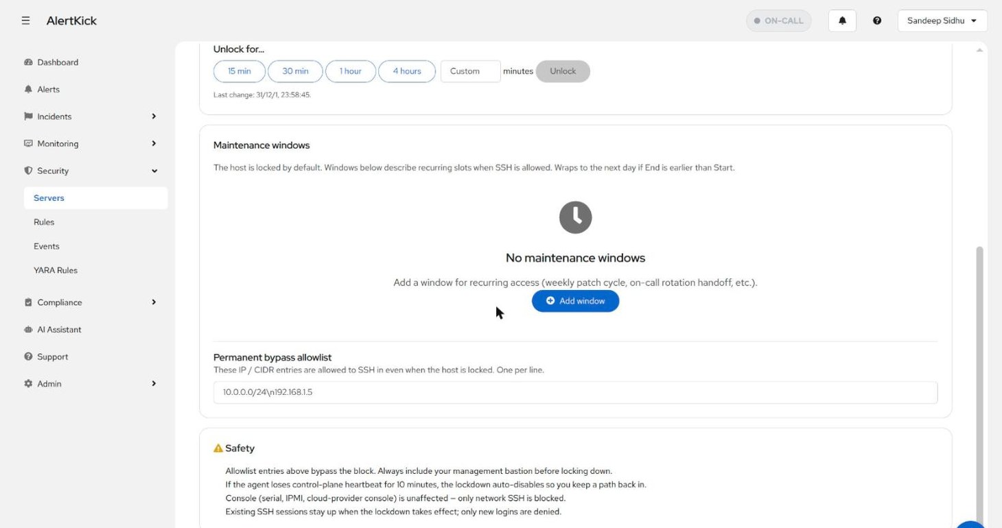 Maintenance windows section with the permanent bypass allowlist and safety notes