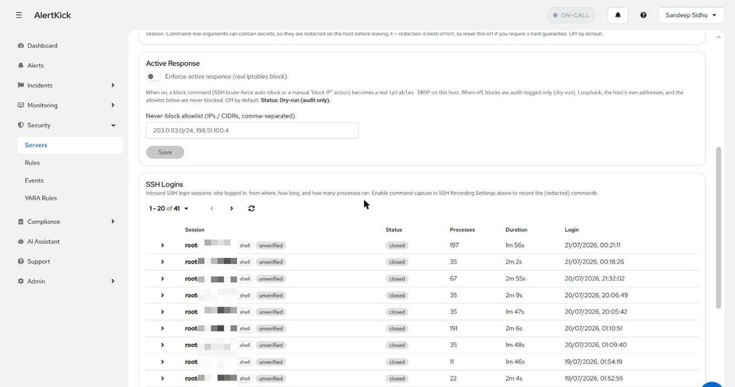 SSH session list showing per-session trust chips, process counts, durations, and login times