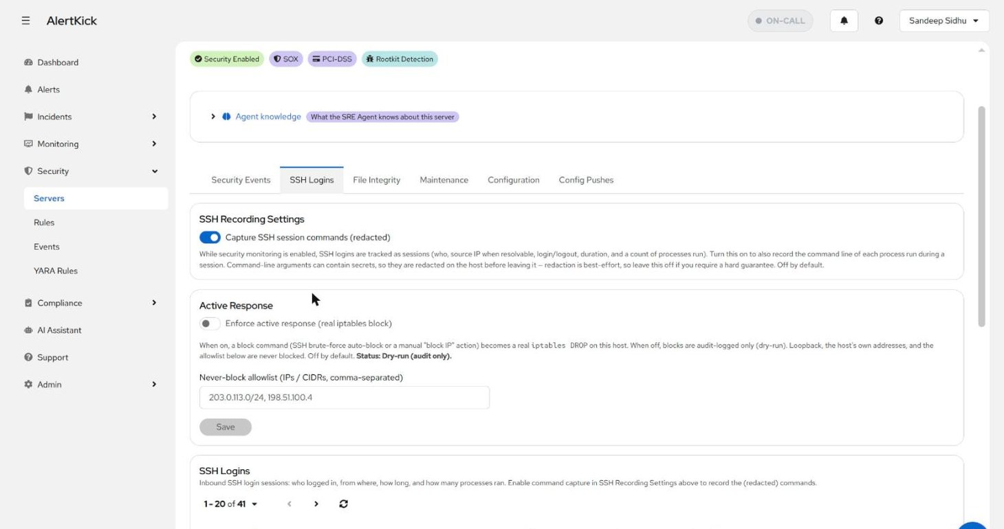 SSH Logins tab with the session command capture toggle and the Active Response enforcement setting