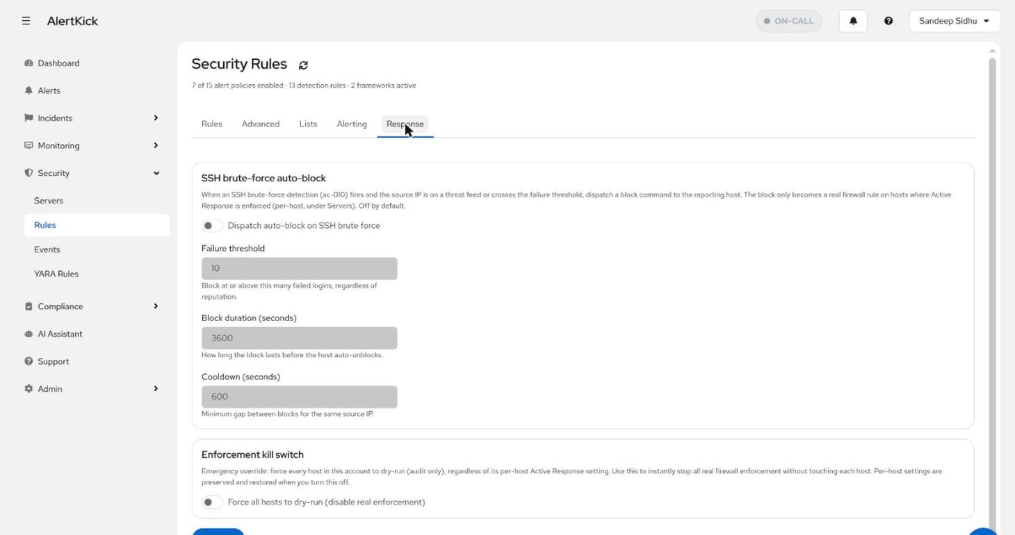Response tab with the SSH brute-force auto-block settings and the enforcement kill switch