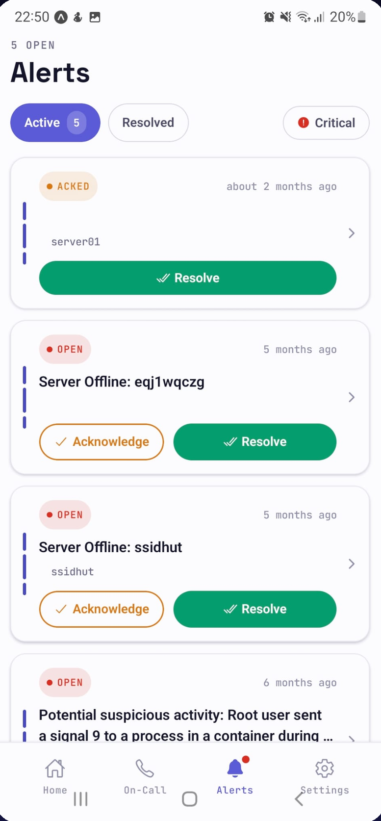 AlertKick mobile app alerts screen: open and acknowledged alerts with acknowledge and resolve buttons