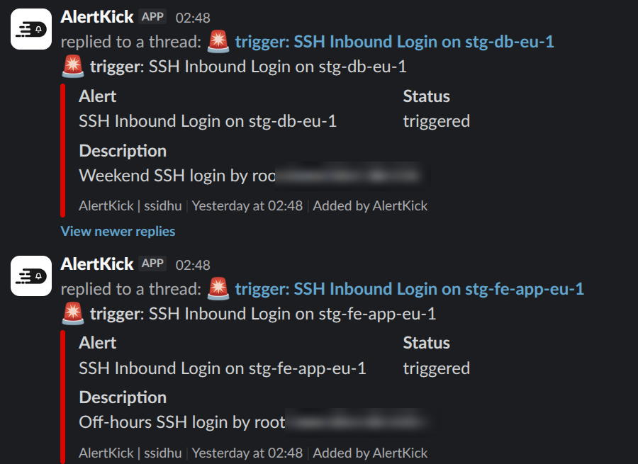 Slack messages from AlertKick in an infra-alerts channel: inbound SSH login alerts with status and description