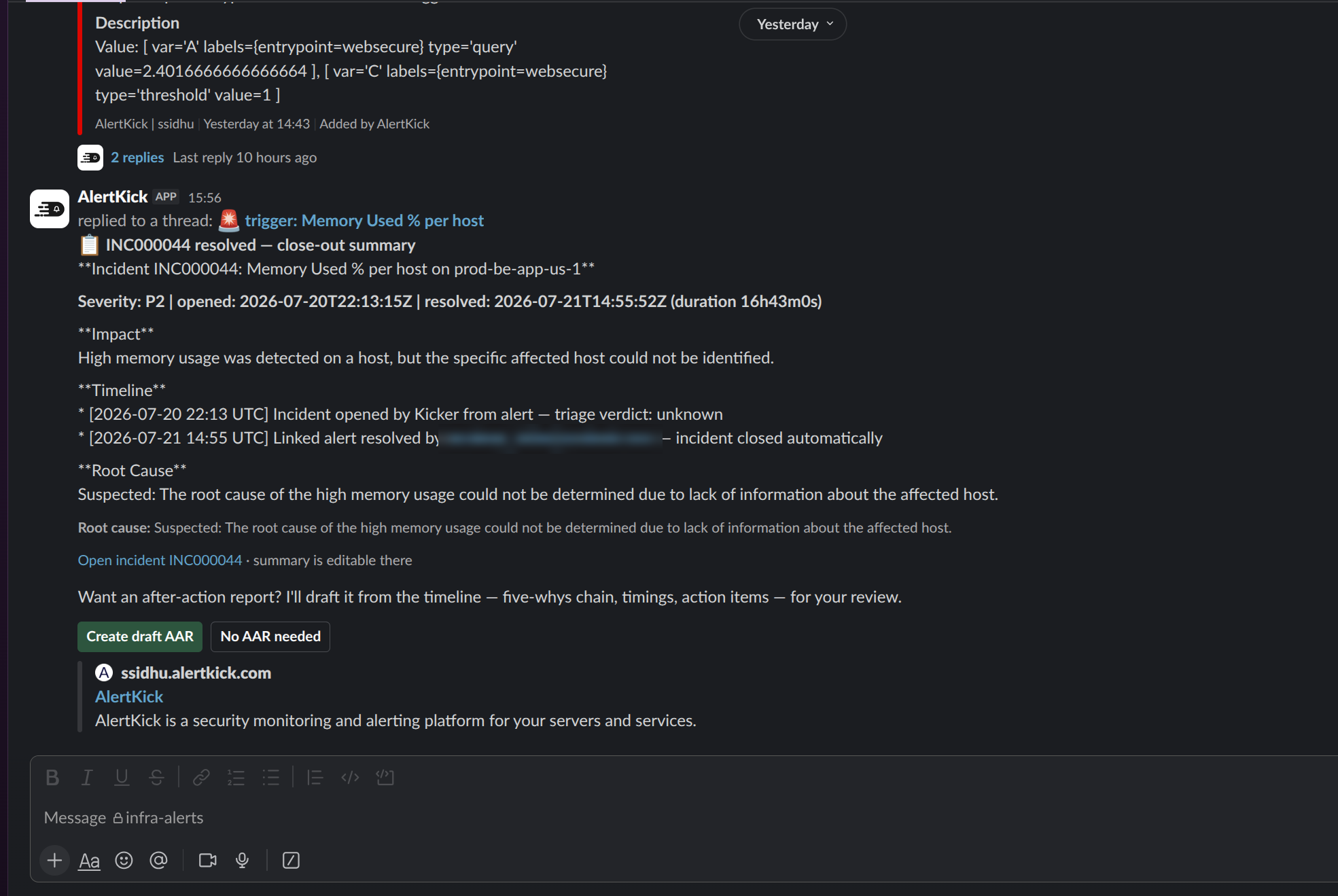 AlertKick incident triage and after-action report summary posted in Slack