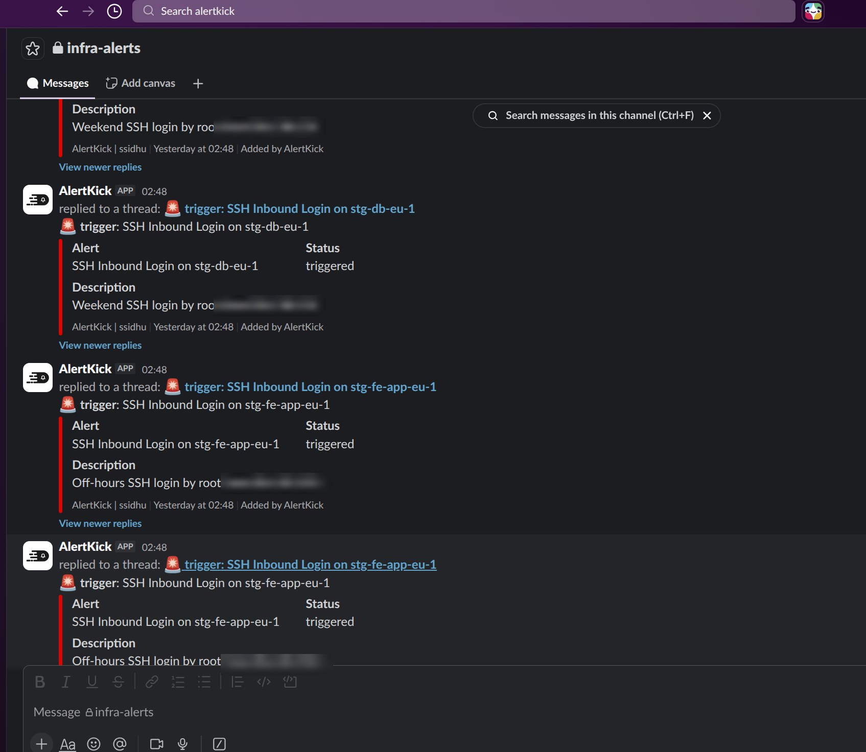 AlertKick posting SSH login alerts into a Slack channel, each with alert details and status